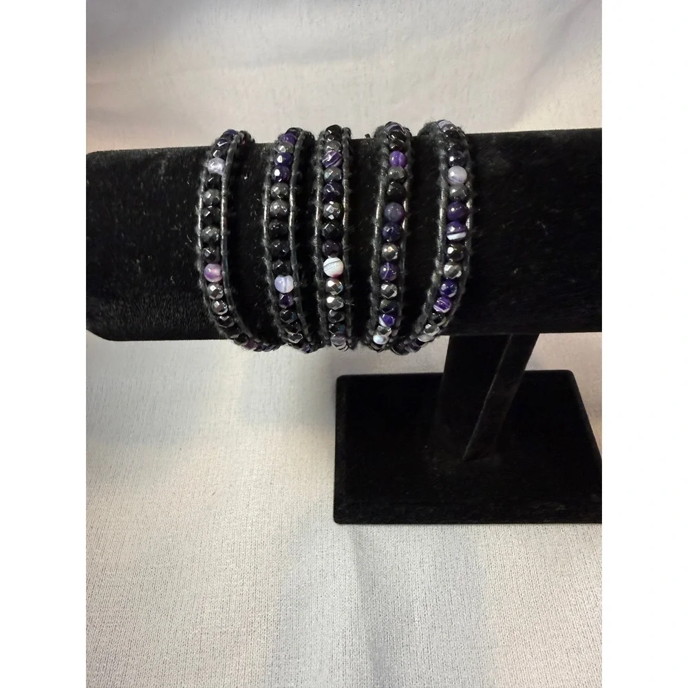 Victoria Emerson Black Leather & Beaded Wrap Bracelet  NWOT